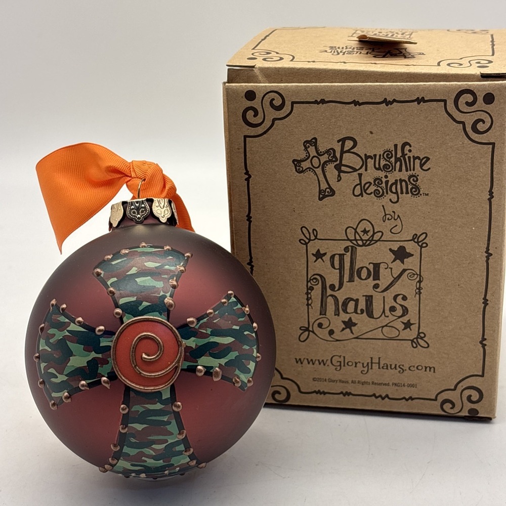 Glass Ornament Cross Brown Camo Glory Haus Brushfire Designs Curly Cross NIB